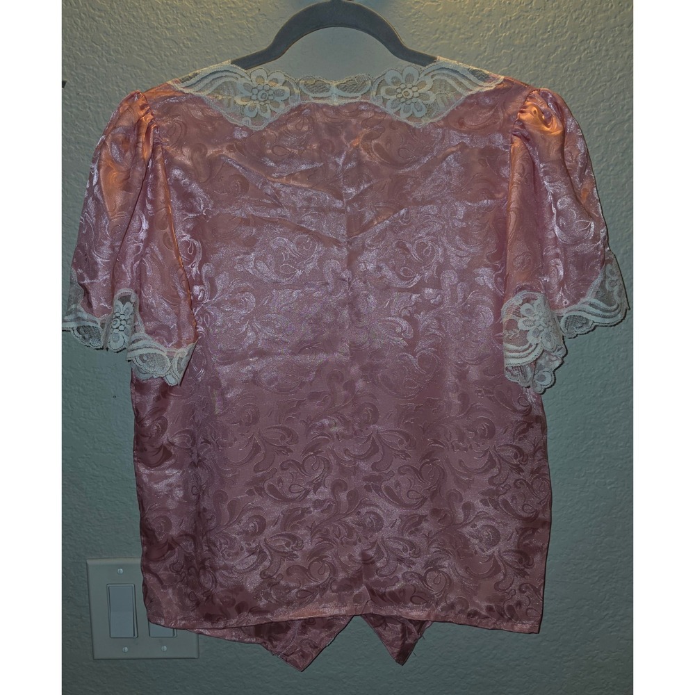 Vintage Partners Mervyns Pink Satin Jacquard Lace Trim Pajama Set Sz Med - Picture 2 of 7